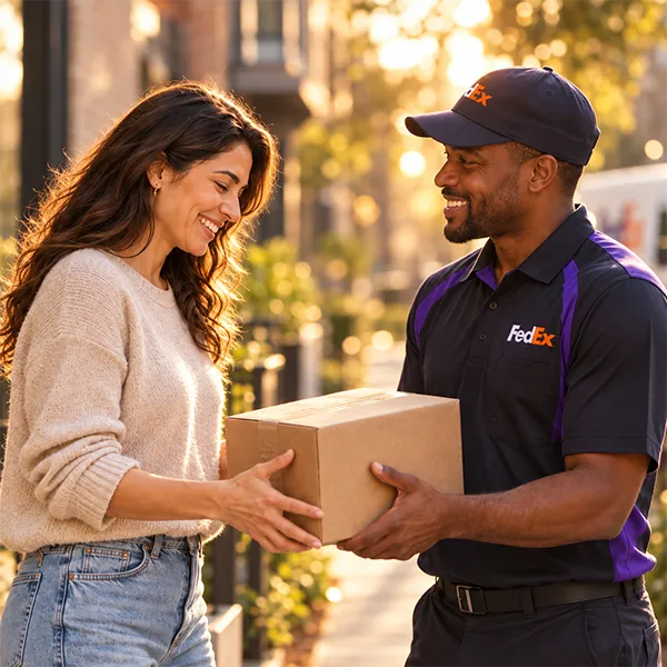 Couple sharing takeout at an outdoor table (photo doesn't match FedEx; see notes)