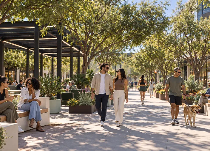 People strolling a tree-shaded promenade lined with shops and seating