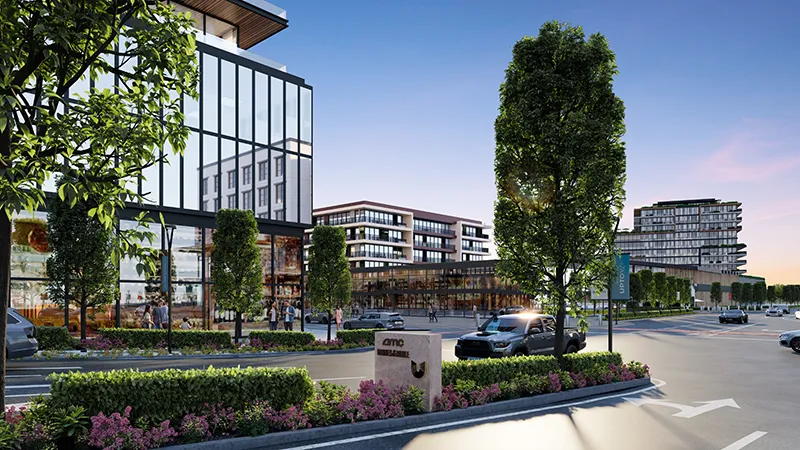 Rendering of a modern office building with a landscaped entry drive