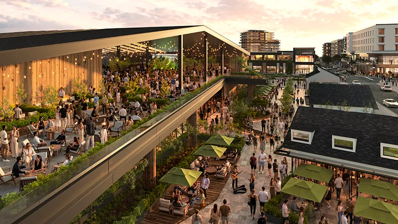 Aerial rendering of a busy outdoor plaza with dining terraces