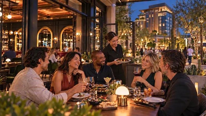 Friends dining on a lively patio at night