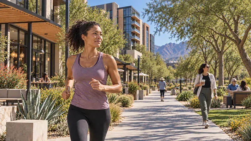 Woman jogging along a landscaped walkway