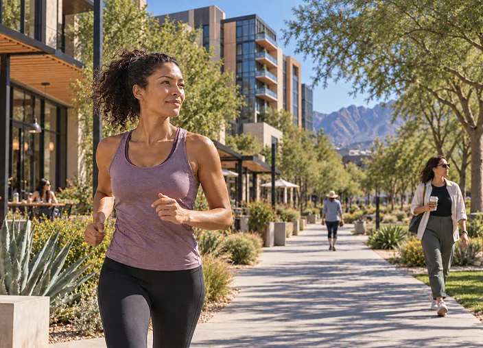 Woman jogging along a landscaped walkway with mountains in the distance