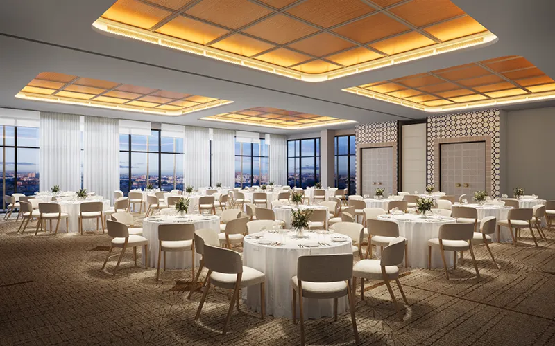 Rendering of a ballroom set for an event with round tables