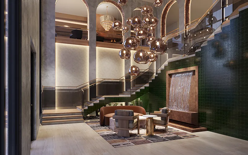 Rendering of a hotel lobby with a sculptural staircase and chandelier