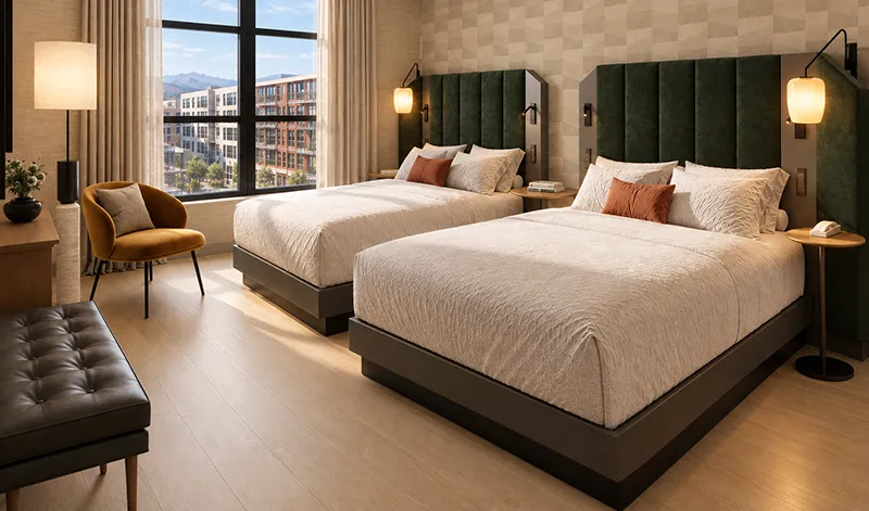 Rendering of a hotel room with two beds and city views