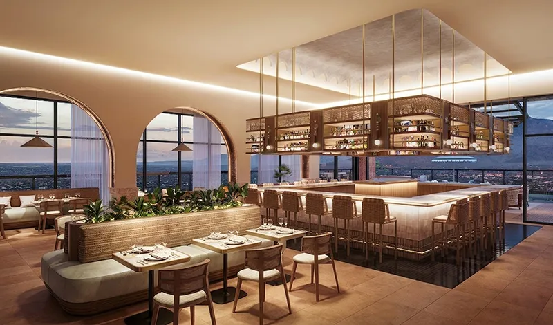Rendering of a restaurant and bar with tall arched windows