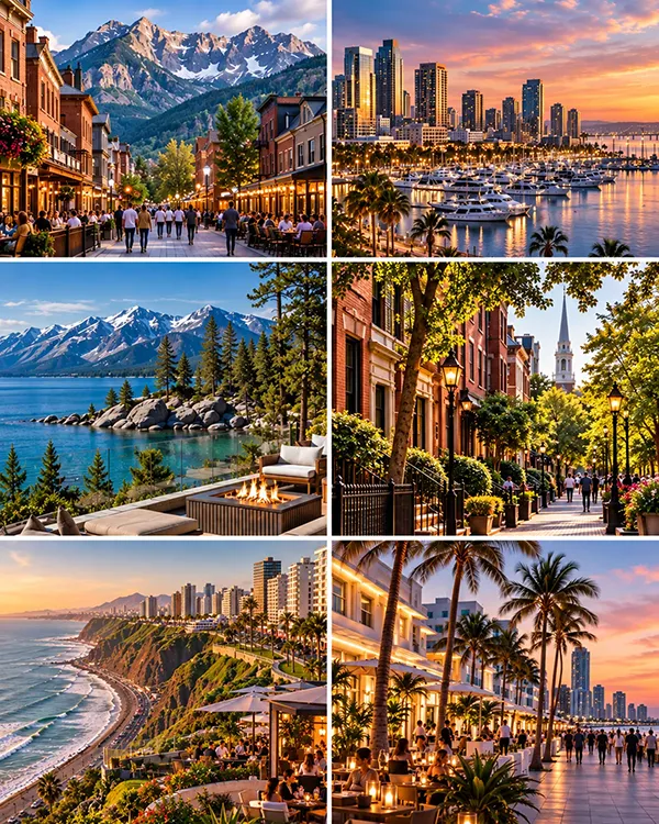 Collage of memorable destinations, including a mountain lake resort, a historic city street and a palm-lined waterfront