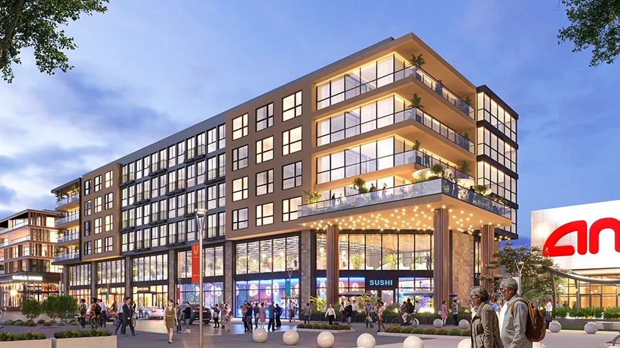 Rendering of a mid-rise residential building with ground-floor shops and a lively plaza