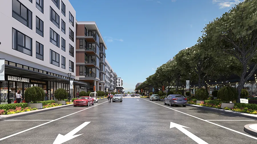 Rendering of a landscaped boulevard lined with residential buildings