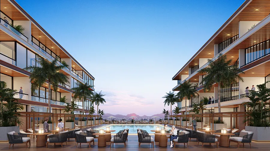 Rendering of a resort-style courtyard pool framed by palm trees and residences