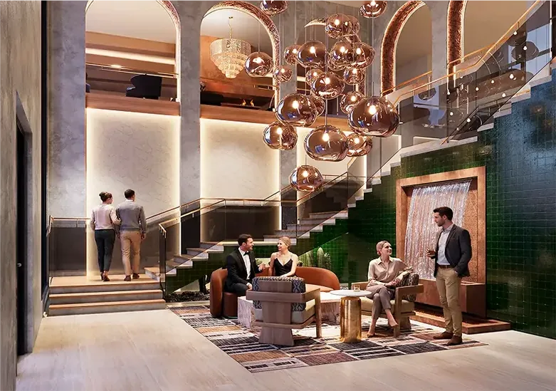 Lobby lounge at Tempo by Hilton Tucson Uptown featuring arched ceilings, copper bubble chandelier, and green tile accent wall