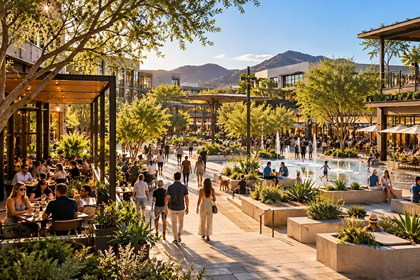 Rendering of a busy outdoor plaza with fountains, dining terraces and mountain views