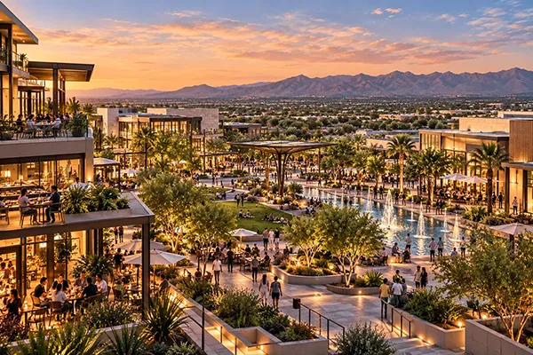 Rendering of Uptown's connected district at dusk, with landscaped walkways and mountain views