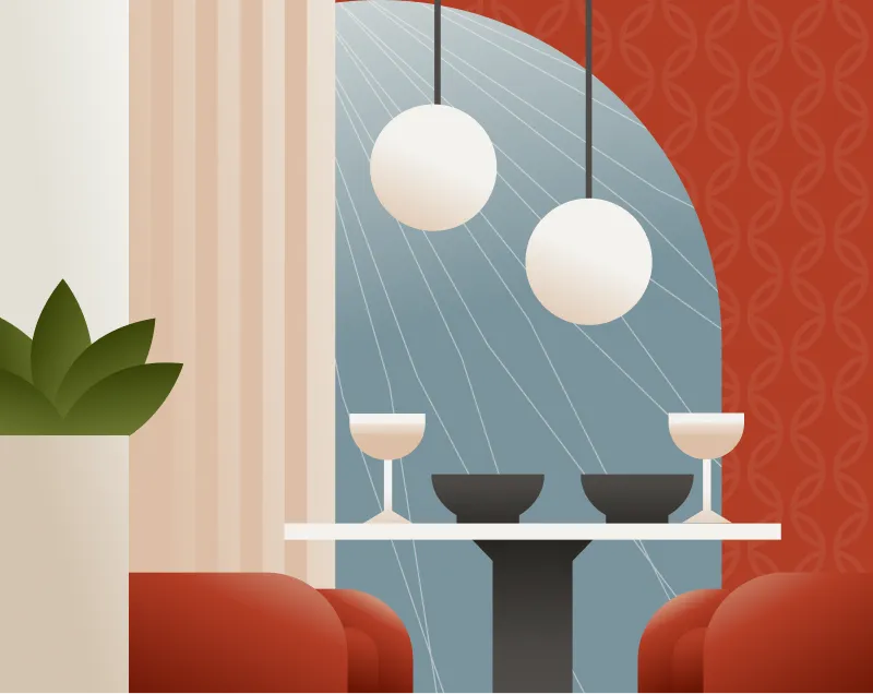 Illustration of a bar counter with wine glasses under pendant lights
