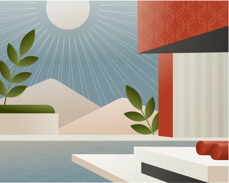 Illustration of a sunlit resort pool deck with plants and lounge seating