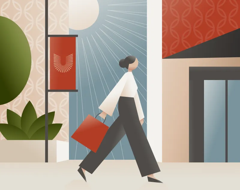 Illustration of a shopper with a bag walking past a storefront